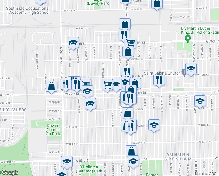 map of restaurants, bars, coffee shops, grocery stores, and more near 7836 South Paulina Street in Chicago