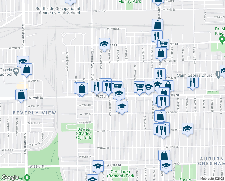 map of restaurants, bars, coffee shops, grocery stores, and more near 7837 South Wolcott Avenue in Chicago