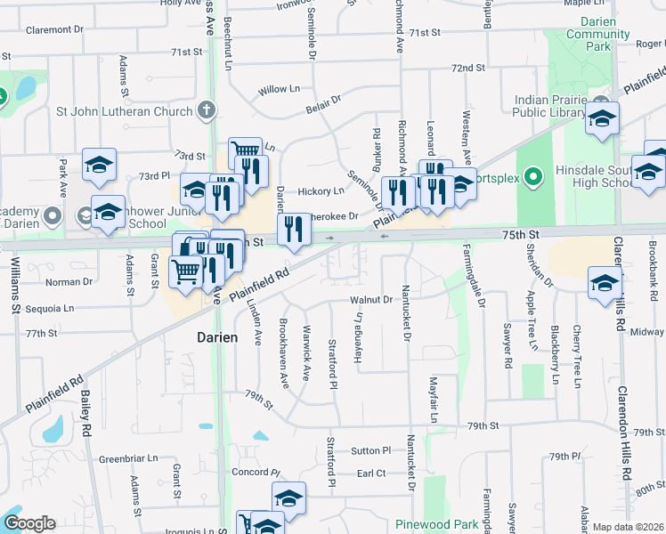 map of restaurants, bars, coffee shops, grocery stores, and more near 913 Plainfield Road in Darien