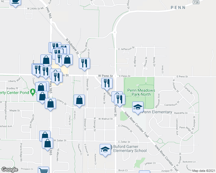 map of restaurants, bars, coffee shops, grocery stores, and more near 450 North Dubuque Street in North Liberty
