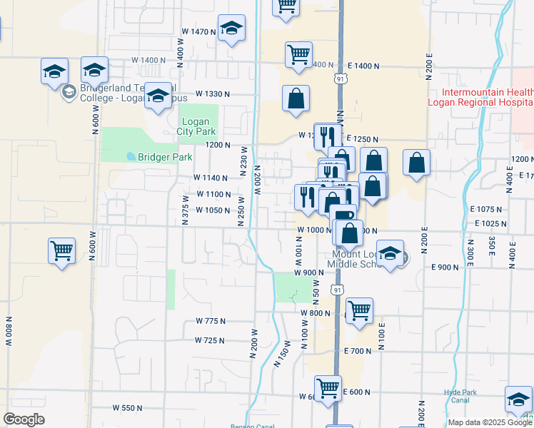 map of restaurants, bars, coffee shops, grocery stores, and more near 1043 North 180 West in Logan