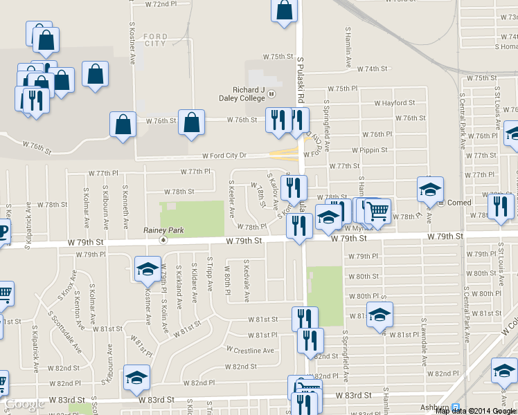 map of restaurants, bars, coffee shops, grocery stores, and more near 4125 West 78th Street in Chicago