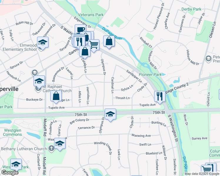 map of restaurants, bars, coffee shops, grocery stores, and more near 1209 Cardinal Lane in Naperville