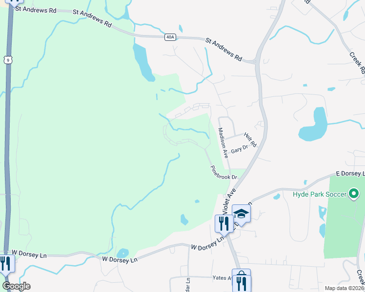 map of restaurants, bars, coffee shops, grocery stores, and more near 135 Pinebrook Drive in Hyde Park
