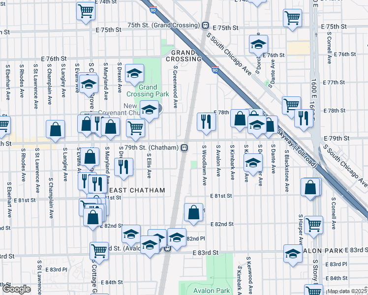 map of restaurants, bars, coffee shops, grocery stores, and more near South Greenwood Avenue in Chicago