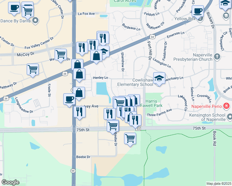 map of restaurants, bars, coffee shops, grocery stores, and more near 2784 Blakely Lane in Naperville