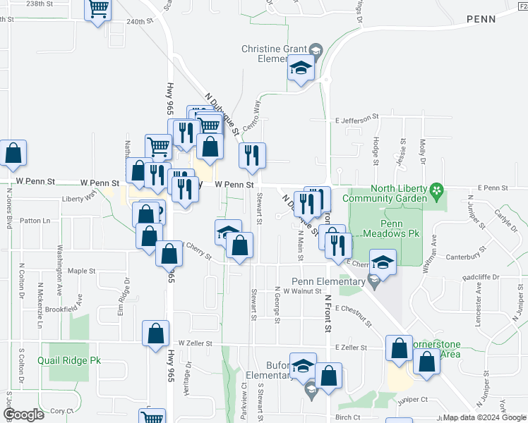 map of restaurants, bars, coffee shops, grocery stores, and more near 442 Stewart Street in North Liberty