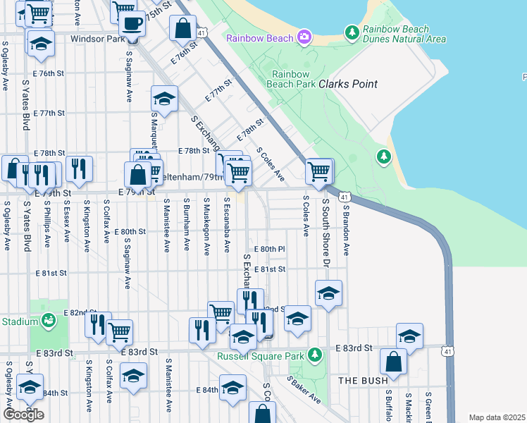 map of restaurants, bars, coffee shops, grocery stores, and more near 2953 East 79th Place in Chicago