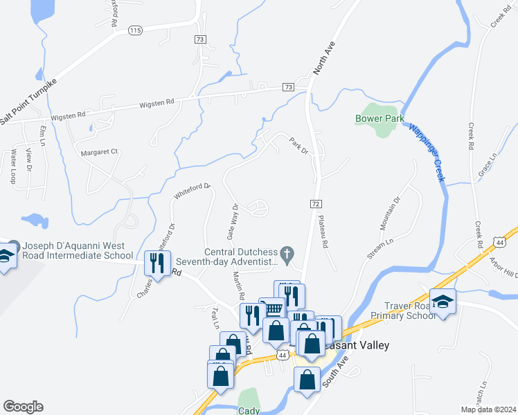 map of restaurants, bars, coffee shops, grocery stores, and more near 18 Park Drive in Pleasant Valley