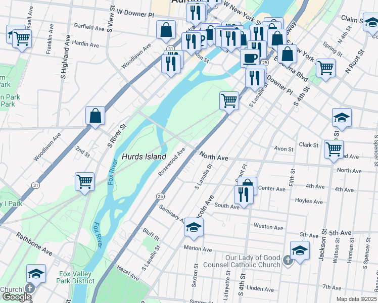 map of restaurants, bars, coffee shops, grocery stores, and more near 307 South Broadway in Aurora