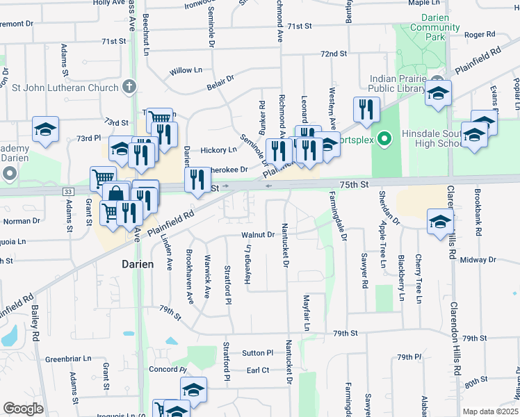 map of restaurants, bars, coffee shops, grocery stores, and more near 7514 Comstock Lane in Darien