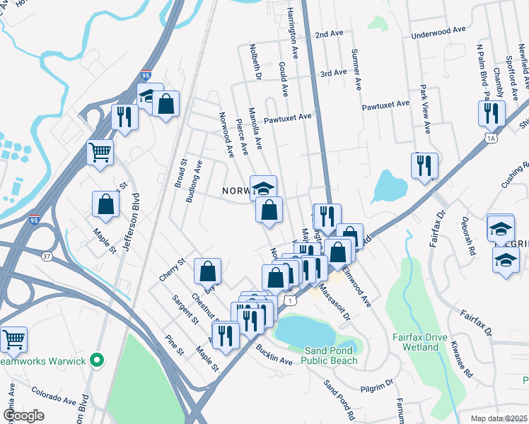 map of restaurants, bars, coffee shops, grocery stores, and more near 266 Norwood Avenue in Warwick