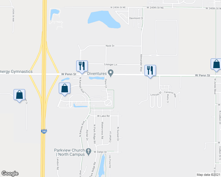 map of restaurants, bars, coffee shops, grocery stores, and more near 570 Penn Court in North Liberty