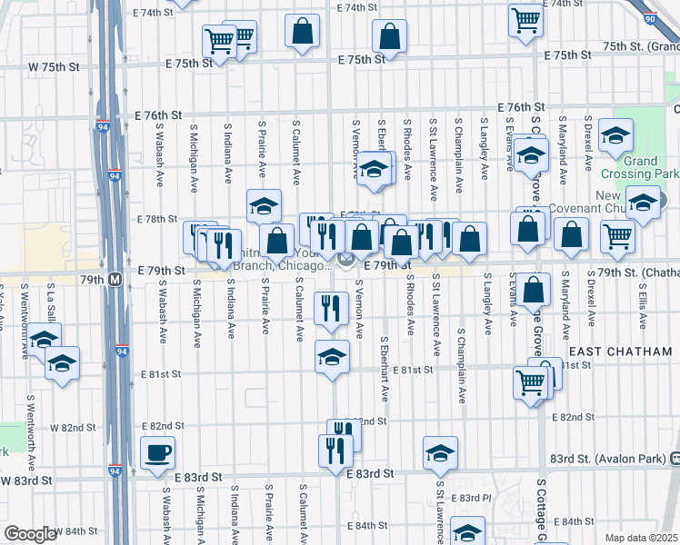 map of restaurants, bars, coffee shops, grocery stores, and more near 7901 South Doctor Martin Luther King Junior Drive in Chicago