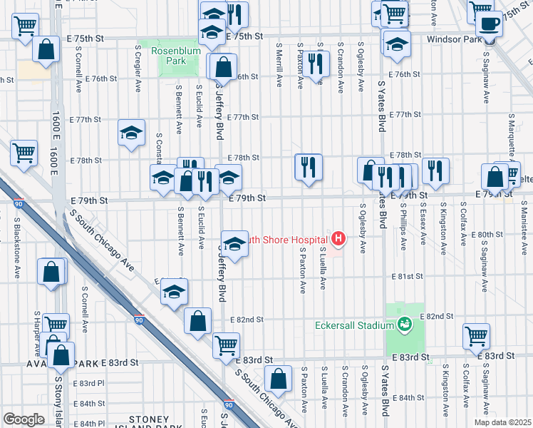 map of restaurants, bars, coffee shops, grocery stores, and more near 7923 South Clyde Avenue in Chicago