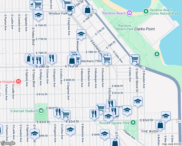 map of restaurants, bars, coffee shops, grocery stores, and more near 7931 South Burnham Avenue in Chicago