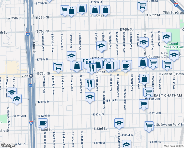 map of restaurants, bars, coffee shops, grocery stores, and more near 7901 South Doctor Martin Luther King Junior Drive in Chicago