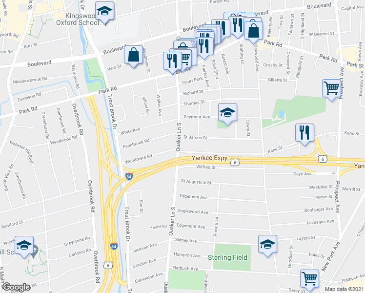 map of restaurants, bars, coffee shops, grocery stores, and more near 398 Quaker Lane South in West Hartford