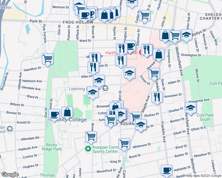 map of restaurants, bars, coffee shops, grocery stores, and more near 15 Vernon Street in Hartford
