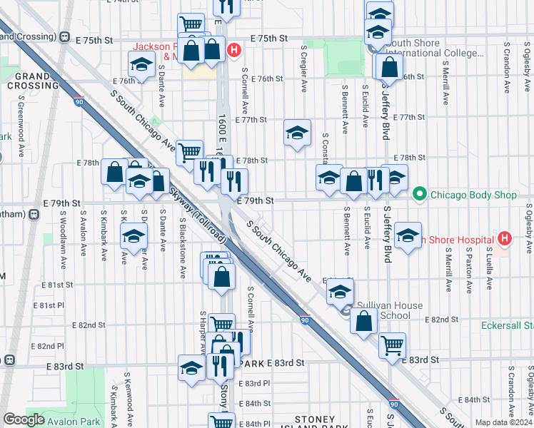 map of restaurants, bars, coffee shops, grocery stores, and more near 7916 South East End Avenue in Chicago