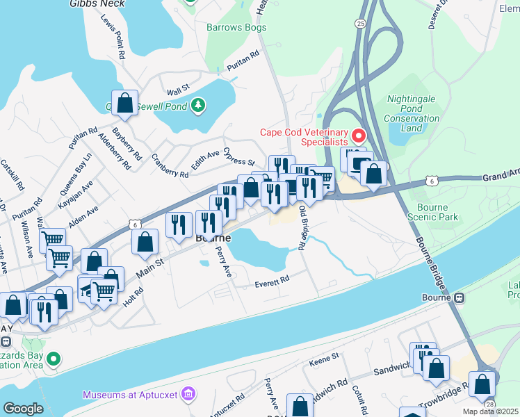 map of restaurants, bars, coffee shops, grocery stores, and more near 267 Main Street in Bourne