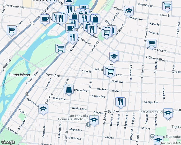 map of restaurants, bars, coffee shops, grocery stores, and more near 221 Fifth Street in Aurora