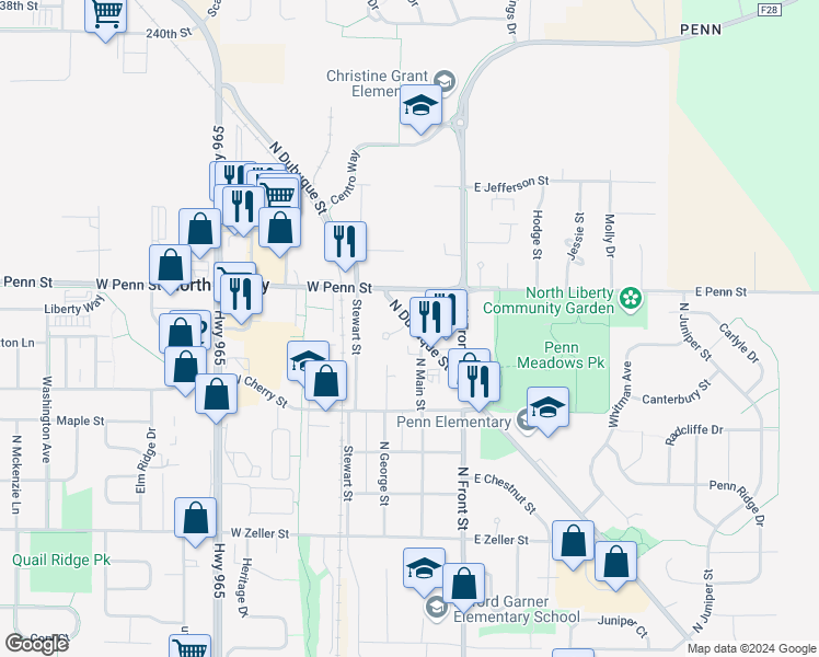 map of restaurants, bars, coffee shops, grocery stores, and more near 423 North Dubuque Street in North Liberty