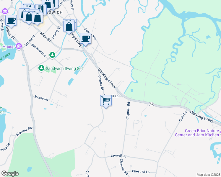 map of restaurants, bars, coffee shops, grocery stores, and more near 184A Massachusetts 6A in Sandwich