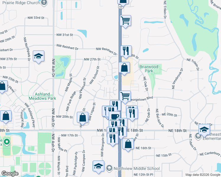map of restaurants, bars, coffee shops, grocery stores, and more near 2410 Northwest Heritage Avenue in Ankeny