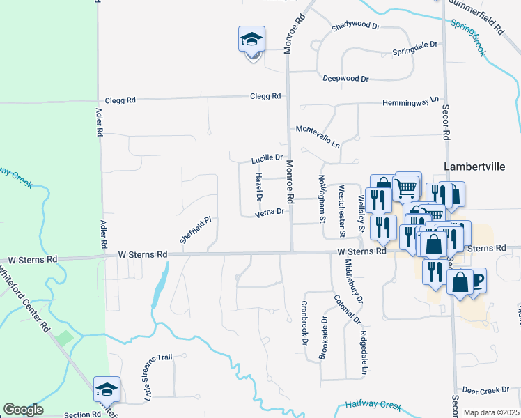map of restaurants, bars, coffee shops, grocery stores, and more near 7512 Hazel Street in Lambertville