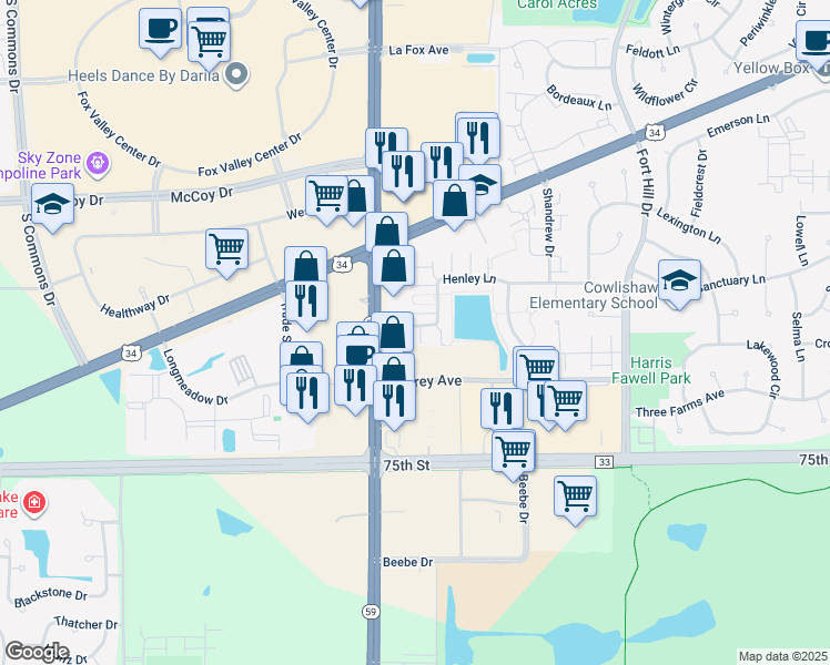 map of restaurants, bars, coffee shops, grocery stores, and more near 2990 Henley Lane in Naperville