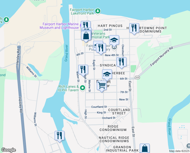 map of restaurants, bars, coffee shops, grocery stores, and more near 533 Eagle Street in Fairport Harbor