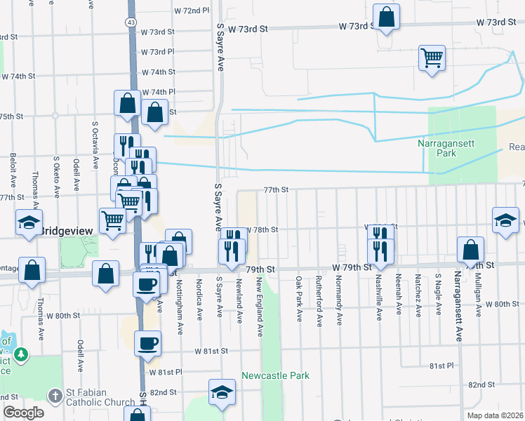 map of restaurants, bars, coffee shops, grocery stores, and more near 7727 New England Avenue in Burbank