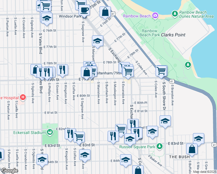 map of restaurants, bars, coffee shops, grocery stores, and more near 7931 South Burnham Avenue in Chicago