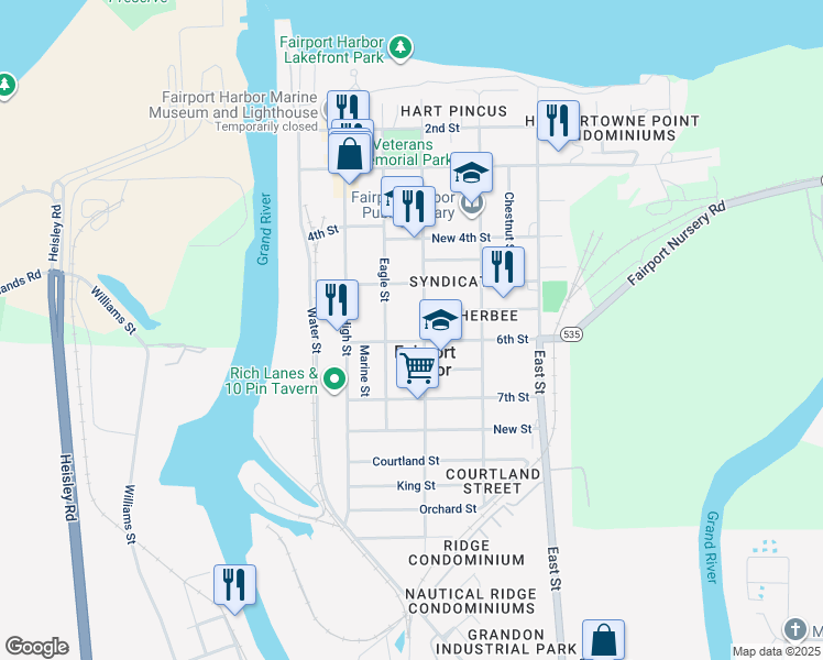 map of restaurants, bars, coffee shops, grocery stores, and more near 321 6th St in Fairport Harbor