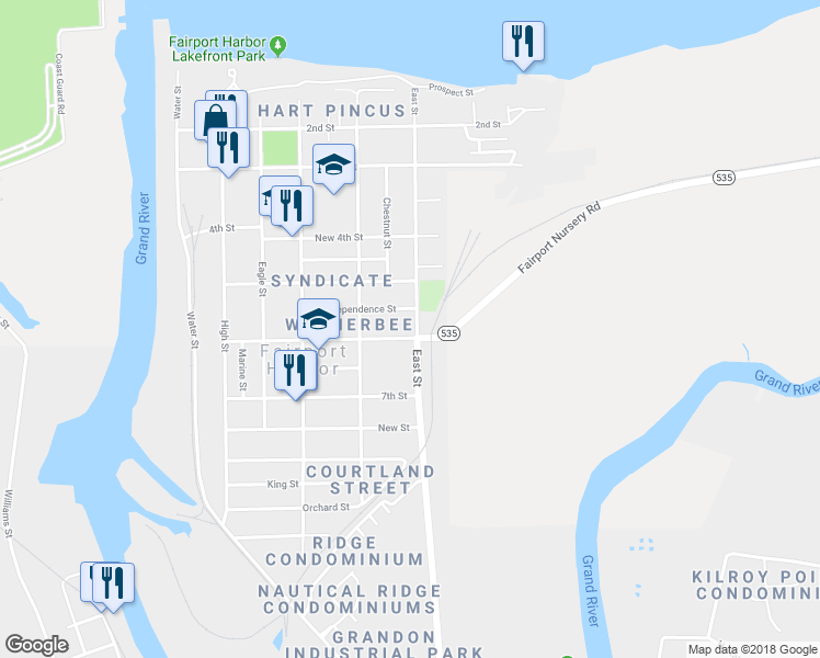 map of restaurants, bars, coffee shops, grocery stores, and more near 539 6th Street in Painesville
