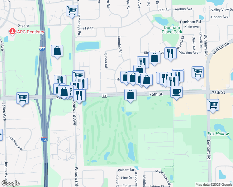 map of restaurants, bars, coffee shops, grocery stores, and more near 1719 Borman Place in Downers Grove