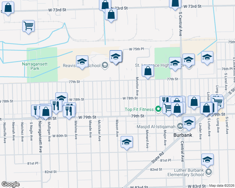 map of restaurants, bars, coffee shops, grocery stores, and more near 7748 Mason Avenue in Burbank