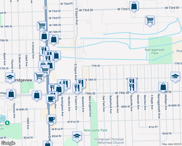 map of restaurants, bars, coffee shops, grocery stores, and more near 7727 New England Avenue in Burbank