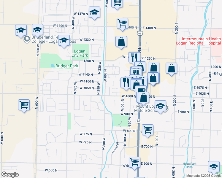 map of restaurants, bars, coffee shops, grocery stores, and more near 1082 North 180 West in Logan