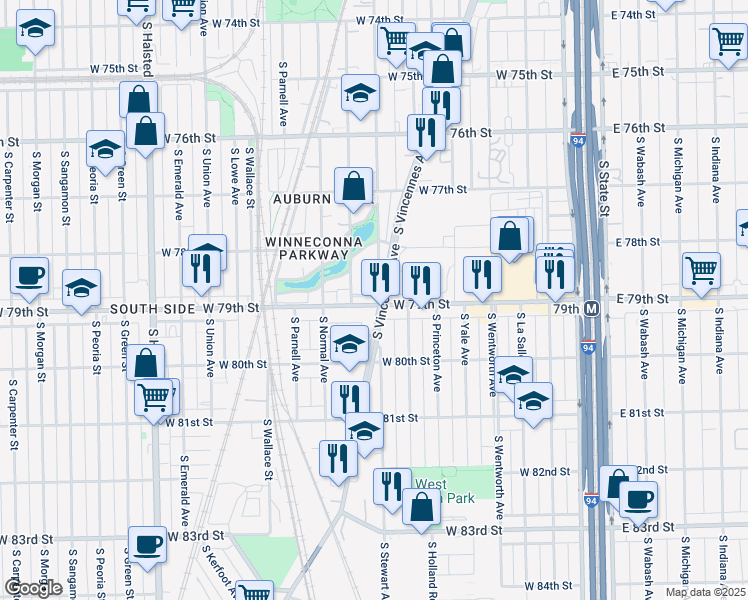 map of restaurants, bars, coffee shops, grocery stores, and more near 400 West 79th Street in Chicago