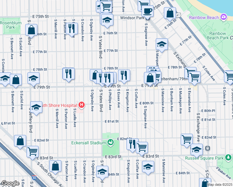 map of restaurants, bars, coffee shops, grocery stores, and more near 7924 South Essex Avenue in Chicago