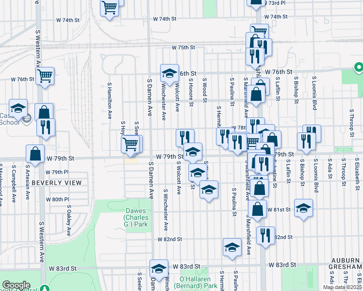 map of restaurants, bars, coffee shops, grocery stores, and more near 7837 South Wolcott Avenue in Chicago