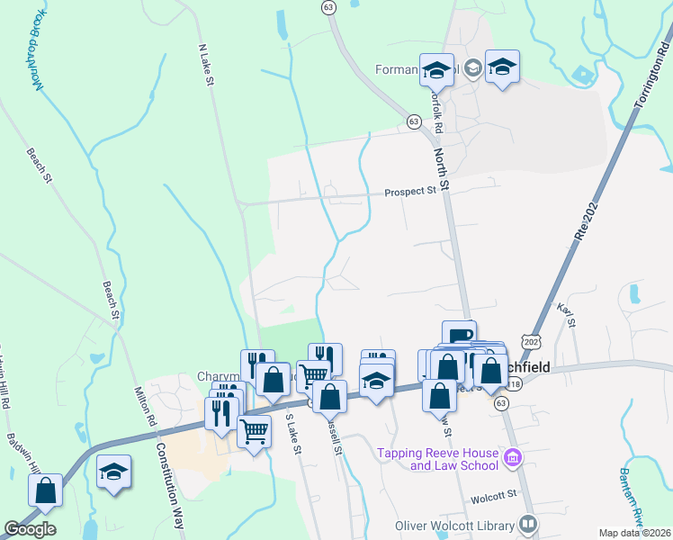 map of restaurants, bars, coffee shops, grocery stores, and more near 87 Sheldon Lane Extension in Litchfield