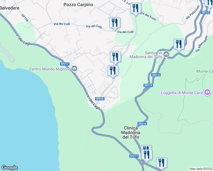 map of restaurants, bars, coffee shops, grocery stores, and more near 62 Via delle Barozze in Rocca di Papa