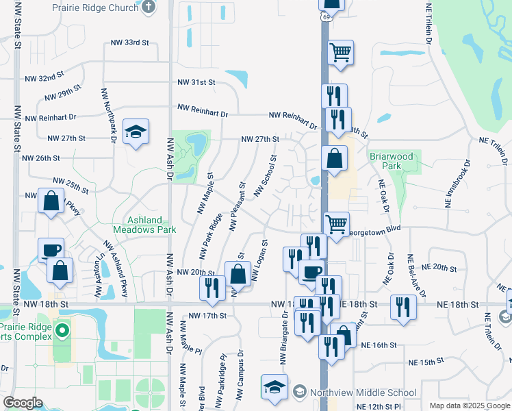 map of restaurants, bars, coffee shops, grocery stores, and more near 2309 Northwest School Street in Ankeny