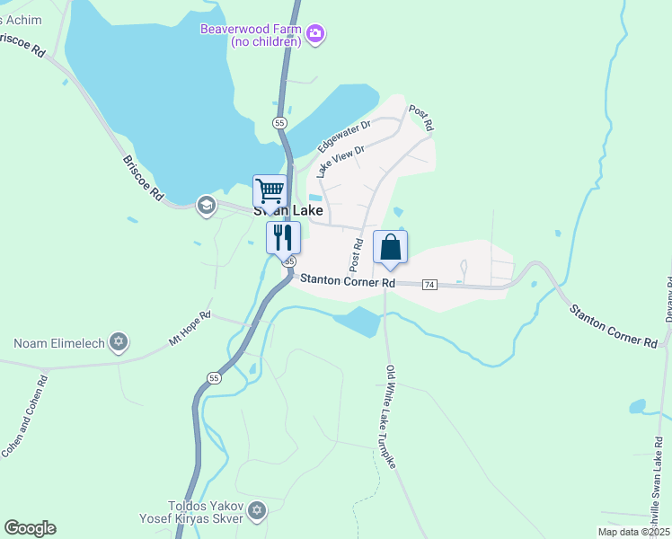 map of restaurants, bars, coffee shops, grocery stores, and more near 9 Teddy Bear Lane in Swan Lake