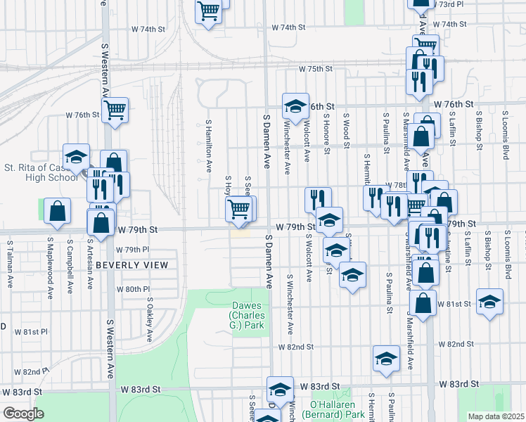 map of restaurants, bars, coffee shops, grocery stores, and more near 7834 S Damen Ave in Chicago