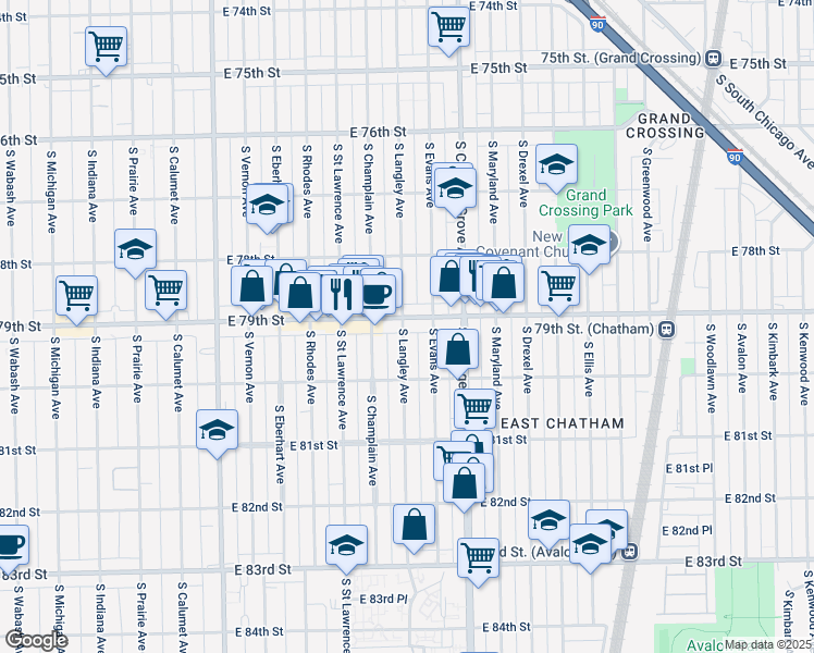 map of restaurants, bars, coffee shops, grocery stores, and more near 701 East 79th Street in Chicago