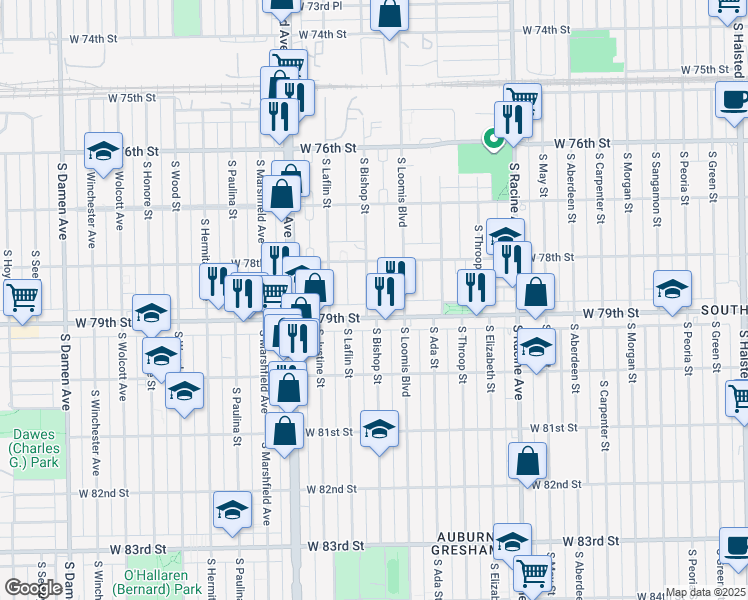 map of restaurants, bars, coffee shops, grocery stores, and more near 7841 South Bishop Street in Chicago